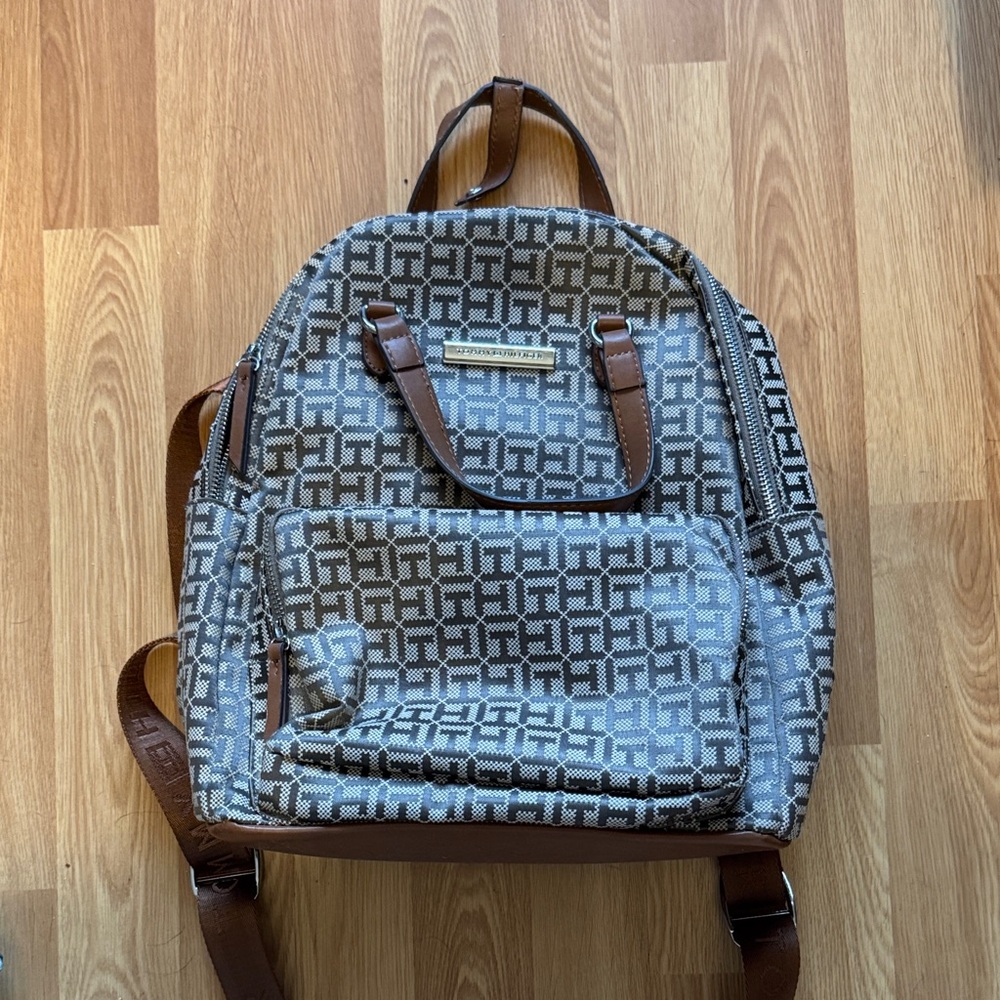 Tommy Hilfiger Monogrammed Backpack in Brown and Gray
